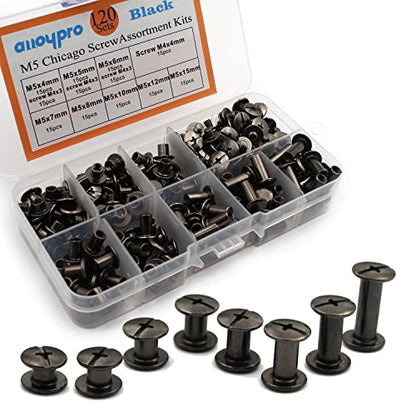 120Pcs Black Chicago Screws Assorted Kit 8Size Gun Metal Leather Rivets 3/16" Screw Rivet Phillip Head Book Binding Posts Nail Rivet Chicago Bolt for DIY Leather Craft (M5x4/5/6/7/8/10/12/15) - size: Gun Metal-4,5,6,7,8,10,12,15