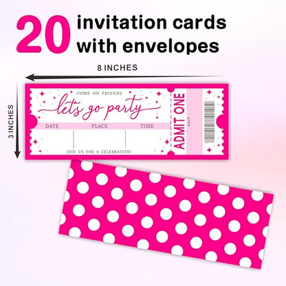 Let's Go Party Birthday Invitation -20 Pink Theme Double-Sided Fill In Style VIP Ticket Invites With 20 Envelopes For Girls -Party Favor & Supplies (3 X 8 In) -A11 - color: Pink polka dots A