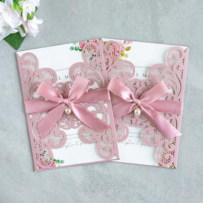 20Pcs Dusty Rose Laser Cut Wedding Invitation Cards With Envelopes - color: Dusty Rose