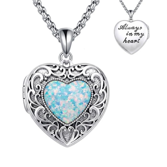 Filigree Opal Locket Pendant Necklace Heart Picture Necklaces 18K White Gold plated Jewelry Memorial Gift for Women Female
