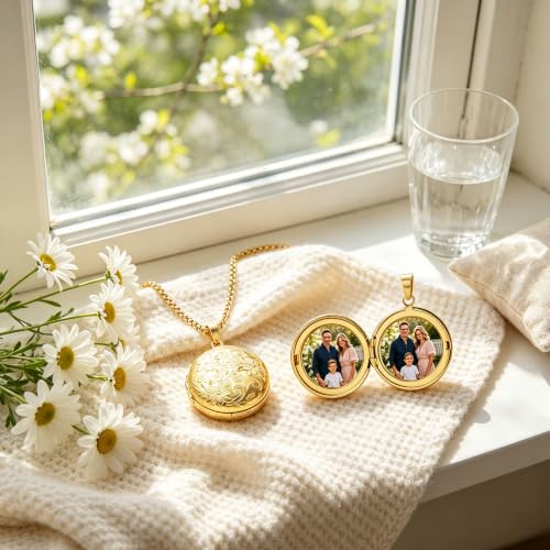 Stainless Steel Photo Locket Necklace for Women, 3mm Box Chain, Personalized Picture Holder Pendant, Waterproof Hypoallergenic Sentimental Jewelry Gift - color: Floral Engraved Round Gold