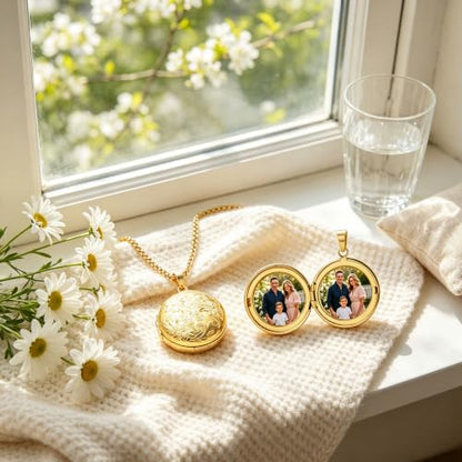 Stainless Steel Photo Locket Necklace for Women, 3mm Box Chain, Personalized Picture Holder Pendant, Waterproof Hypoallergenic Sentimental Jewelry Gift - color: Floral Engraved Round Gold