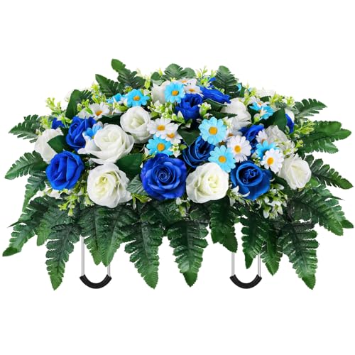 Artificial Cemetery Flowers, Saddle Headstones Decoration, Artificial Rose Daisy Bouquet Graveyard Memorial Flowers (Blue and White)