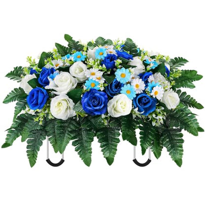 Artificial Cemetery Flowers, Saddle Headstones Decoration, Artificial Rose Daisy Bouquet Graveyard Memorial Flowers (Blue and White)