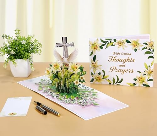 CUTPOPUP Religious Sympathy Card Pop Up 3D, with Caring Thoughts and Prayers, Blank Note Cards with Envelope (Lily with Cross) SD257US - color: Sympathy religious-6x8in