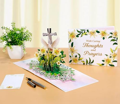 CUTPOPUP Religious Sympathy Card Pop Up 3D, with Caring Thoughts and Prayers, Blank Note Cards with Envelope (Lily with Cross) SD257US - color: Sympathy religious-6x8in