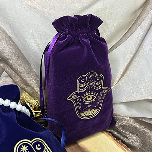 ARTSY CRAFTS 6x9" Hamsa Hand Velvet Jewelry Pouch Gift Bags, Fatima Hand Evil Eye Velvet Drawstring Oracle Tarot Card Rune bags Dice Bag (3Pk Purple+Blue+Black) - color: 3Pk Purple+Blue+Black