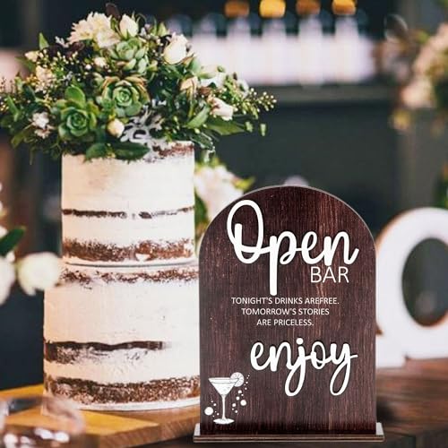 Wood Open Bar Sign Modern Calligraphy for Wedding Drink Station | Modern Calligraphy, Rustic Wooden, Table Top, Wedding Reception and Event Party - color: Brown-Open Bar