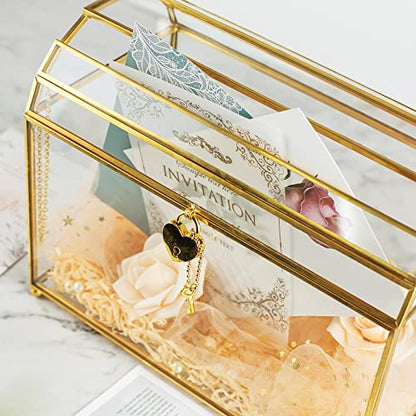 Gold Wedding Glass Card Box with Slot and Heart Lock, Large Clear Card Box for Wedding Reception, Bridal Shower, Handmade Brass Glass Display Box Weddings Centerpiece - color: slot and heart lock