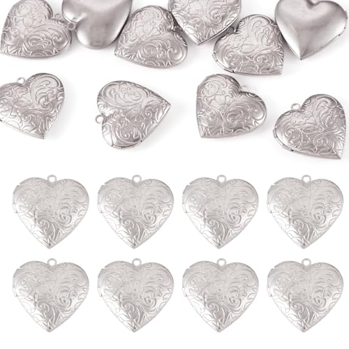 FASHEWELRY 10Pcs 316 Stainless Steel Locket Pendants Silver Heart Photo Frame Charms Heart Locket Charms for Necklaces DIY Memorial Necklace Making - color: Stainless Steel Color, Heart