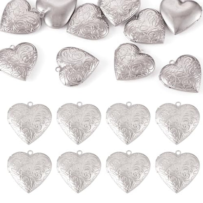 FASHEWELRY 10Pcs 316 Stainless Steel Locket Pendants Silver Heart Photo Frame Charms Heart Locket Charms for Necklaces DIY Memorial Necklace Making - color: Stainless Steel Color, Heart