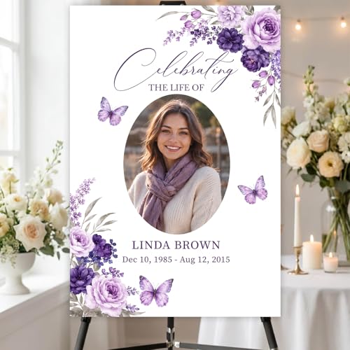 Flower Butterfly Purple Celebration of Life Welcome Sign Memorial Funeral | Personalized Minimalist In Loving Memory yard sign. Weather-resistant corrugated plastic decor. Add custom photo, name, dates - color: Sign8