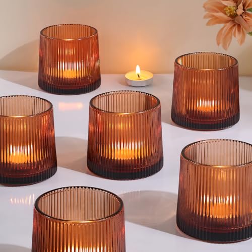 Amber Ribbed Tealight Votive Candle Holders- 6Pack Glass | Glass Candle Holders for Table Centerpiece, Home Decor, Wedding Decor, Party Dinner - color: Amber, size: 6Pcs