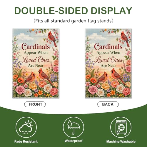 Cardinals Appear When Loved Ones Are Near Garden Flag 12x18 Inch Double Sided, Memorial Sympathy Outdoor Yard Flag, Cardinal Floral Porch Lawn Decor, Remembrance Gifts for Family Friends