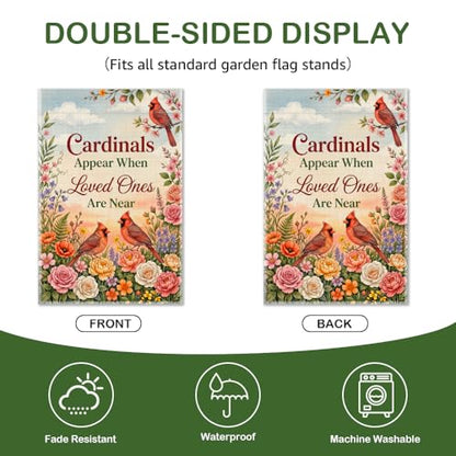 Cardinals Appear When Loved Ones Are Near Garden Flag 12x18 Inch Double Sided, Memorial Sympathy Outdoor Yard Flag, Cardinal Floral Porch Lawn Decor, Remembrance Gifts for Family Friends