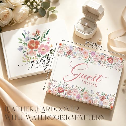 EVERLORIA Wedding Guest Book, Leather Guest Sign in Book, 108 Blank Pages Signature Polaroid Guestbook for Wedding Reception Anniversary Bridal Baby Shower Birthday Quinceanera Graduation, 9"x7" - color: Floral D