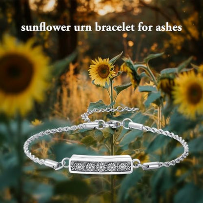 Urn Bracelet for Ashes for Women 925 Sterling Silver Bar Cremation Bracelet Cremation Memorial Keepsake Jewelry Gifts for A Loss of Loved Ones - style: Sunflower-Text