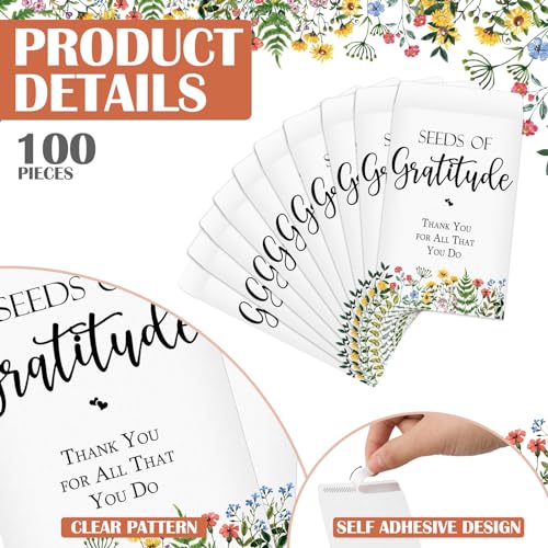 Colarr 100 Pack Wildflower Seed Packets Self Adhesive Thank You Seed Packets Rustic Floral Seeds Storage Pockets Kraft Envelopes for Coworker Baby Shower Wedding Gratitude Gift Office Party Favors