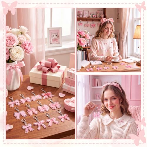 Liliaafar 72 Pcs Pink Bow Party Favors Set Acrylic Coquette Bow Keychains with Thank You Cards & Organza Bags Gifts for Bachelorette Birthday Baby Shower Party Weddings Supplies 12 Styles - style: Pink Bow