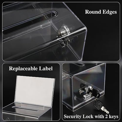 VOISEN Clear Donation Box with Lock,Ballot Box with Sign Holder,Suggestion Boxes for Fundraising, Tip Jar with Slot for School,Conference 6.2x4.6x3.9 Inch | Suggestion Box for Fundraising, Ballot Box with Slot for School, Donation, Bar, School Voting,Conf