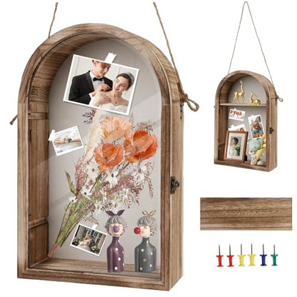 Large Shadow Box Frame with Storage Drawer - Deep Wood Memory Box Display Case with Hinged Door & Linen Back, Rustic Wedding Gifts for Bouquet, Medals, Photos & Pet Memorial Keepsakes (Brown)