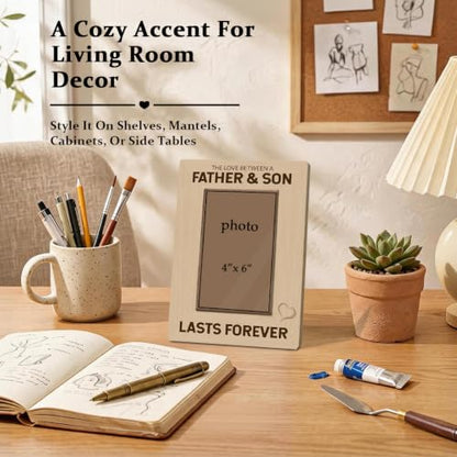 Father and Son Picture Frame Holds 4 x 6 Photo, Rustic Wooden Tabletop Keepsake with Lasts Forever Message, First Father’s Day Meaningful Gift - color: Father01