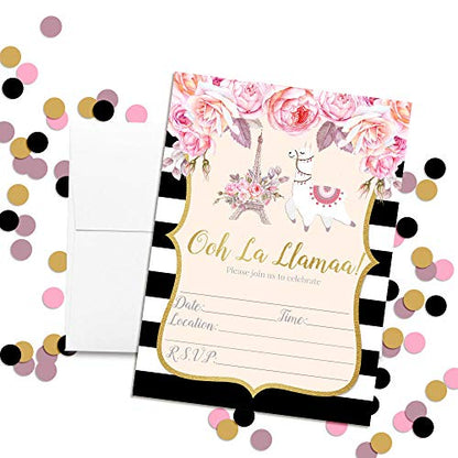 Ooh La Llama Watercolor Floral Llama in Paris Birthday Party Invitations, 20 5x7 Fill In Cards with Twenty White Envelopes by AmandaCreation - style: Watercolor Floral Llama in Paris