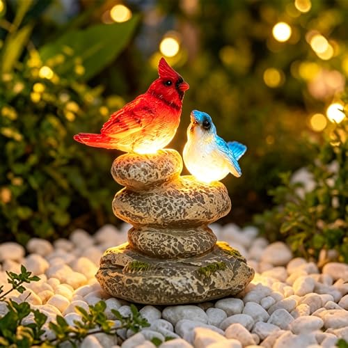 Solar Bird Garden Statue, Cardinal & Bluebird Outdoor Figurine Decor | Solar Statues for Outside with Warm Glow Lights, Stacked Stones Bird Garden Decor for Patio, Yard, Pathway and Garden Gifts - color: Red-blue