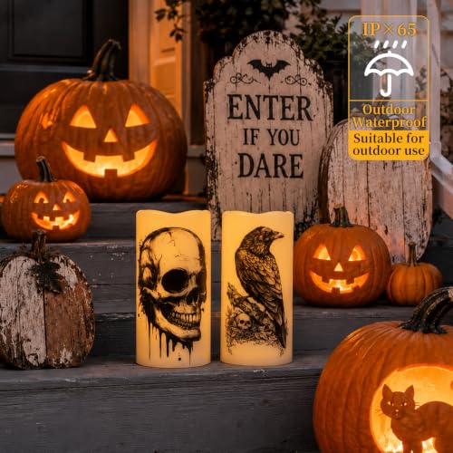 Amagic 3"x6" Halloween Flameless Candles, Waterproof LED Pillar Candles - color: Skeleton + Raven, size: 2 Pack, D3"xH6"