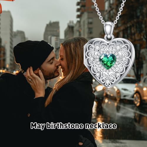 Heart Locket Necklace 925 Sterling Silver Personalized Picture Locket Pendant Birthday Christmas Jewelry Memorial Gifts for Women - color: May Crystal Locket