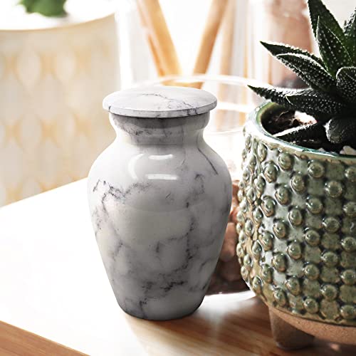 Set of 4 Elegant Marble Style Keepsake Urns – Metal Little Mini Urn for Human Ashes – Secure Screw Top – Small Personal Size – Carrara White Finish - color: 4 Carrara White
