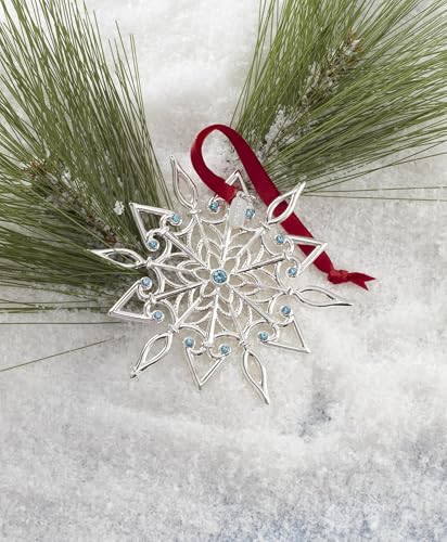 Lenox Ornament, 2025 Snow Majesty Silverplate Ornament, Stainless Steel Christmas Tree Decoration, Snowflake Design, Blue Jeweled Accents, Red Ribbon for Hanging, Christmas Decoration(Silver, 1 Piece) - style: Snow Majesty