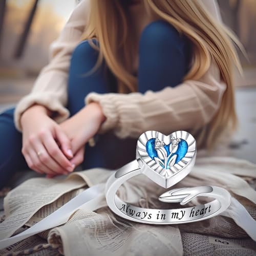 925 Sterling Silver Heart Urn Ring for Ashes for Women - Cremation Jewelry Keepsake Thumb Rings Adjustable with Rose/Sunflower Gift for Lost Of Love Ones Human Adult Pet - style: Blue Heart Tulip