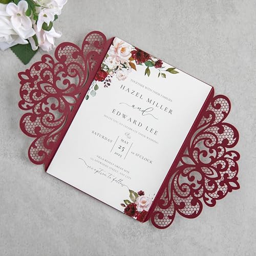 20Pcs Burgundy Laser Cut Wedding Invitation Cards With Envelopes - color: Burgundy