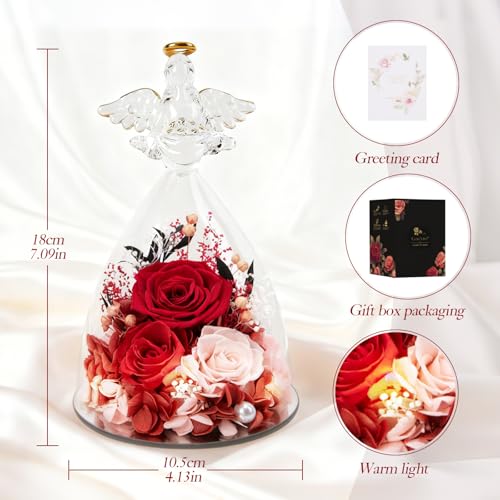 Casaido Mothers Day Rose Gifts for Women, 7" Red Preserved Roses Flowers in Glass Angel Figurine, Birthday Gift for Mom Wife Grandma, Eternal Rose for Valentines Christmas Anniversary - color: Red