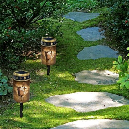 Poceacles Solar Candle Cemetery Solar Lights for Grave LED Garden Flameless Powered Pathway Lights Outdoor Waterproof with Dusk to Dawn Sensor, Brown Deer Cross Pattern - color: Brown - Deer Cross Pattern