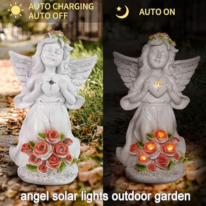 Solar Light Angel Garden Statues Sculptures for Grave Decoration | Weatherproof, Sympathy Cemetey Decoration, Outodor Angel Gifts for Mom Grandma, Handmade of Resin, 8.7" Tall