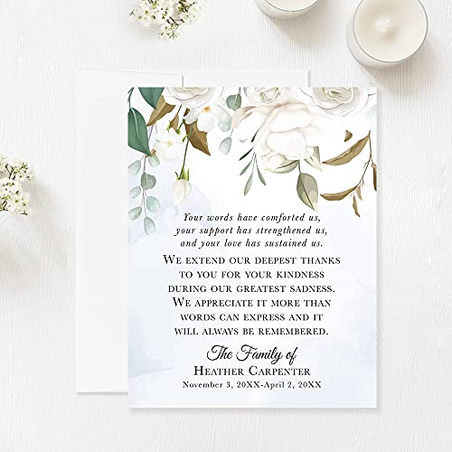 White Floral and Greenery Funeral Thank You Cards | Sympathy Acknowledgement Cards, 4.25x5.5", Flat Bereavement Notes, With Envelopes