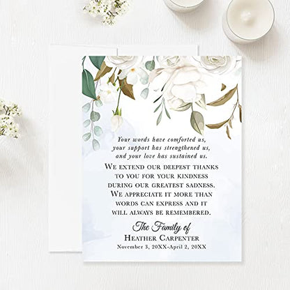 White Floral and Greenery Funeral Thank You Cards | Sympathy Acknowledgement Cards, 4.25x5.5", Flat Bereavement Notes, With Envelopes