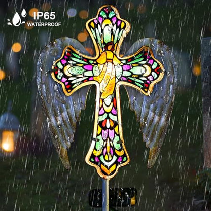 TEDOF Solar Glass Cross Stake Lights with Angel Wings | Grave Decorations for Cemetery Outdoor Cemetery Yard Lawn Pathway Sympathy Remembrance Gift for Mom
