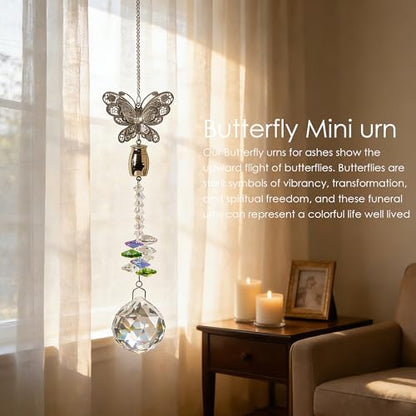 Butterfly Crystal Catcher Mini Urn for Ashes Keepsake Suncatcher with Small Cremation Holder,Hanging Memorial Decor mini urn,1.2 Inches Tiny urn for Human or Pet Ashes Sharing Memorial Urn