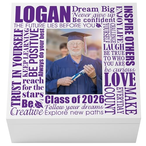 Let's Make Memories Personalized Keepsake Box - For Graduation - Photo - Class of 2026 or Any Year - Graduate Memento Box - Customized for Any Grad and School - 6" Hx12 Sq - Dream Big Photo - Purple - color: Purple - Dream Big Photo