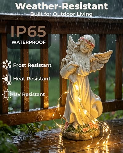 Solar Angel Statue, Warm Light Resin Garden Decor, 10 Inch | Hand-Painted, Weatherproof, Soft Warm Flowing Light, Gift for Women, Peaceful Accent
