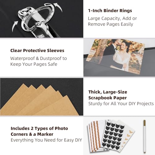 Vienrose 15"x13" Scrapbook Album Gift Set Faux Leather DarkBrown 100 Pages | 3 Ring Scrapbook With 100 Kraft Pages, 50 Plastic Sleeves, Blank Scrapbooks, Photobook, Valentine Gift Wedding Anniversary - color: Dark Brown, size: 15"X13" 50Sheets