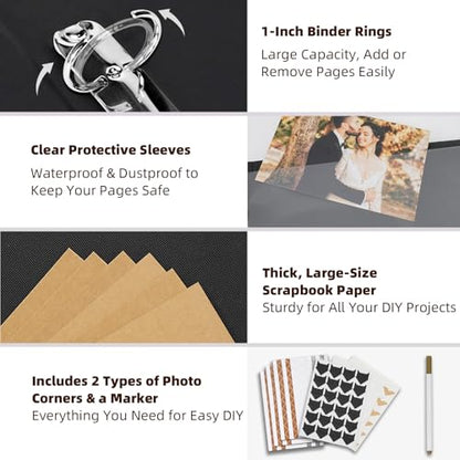 Vienrose 15"x13" Scrapbook Album Gift Set Faux Leather DarkBrown 100 Pages | 3 Ring Scrapbook With 100 Kraft Pages, 50 Plastic Sleeves, Blank Scrapbooks, Photobook, Valentine Gift Wedding Anniversary - color: Dark Brown, size: 15"X13" 50Sheets