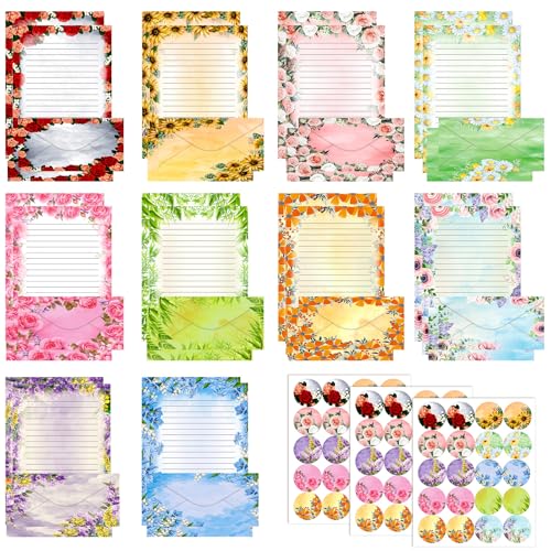TaoBary 160 Pcs Flower Stationery Paper and Envelopes Set 50 Double Sided Lined Stationery Paper with 50 Matching Envelopes and 60 Round Dot Sticker 8.5 x 11'' Letter Writing Kit, 10design - size: 8.5 x 11 Inch, style: Flower
