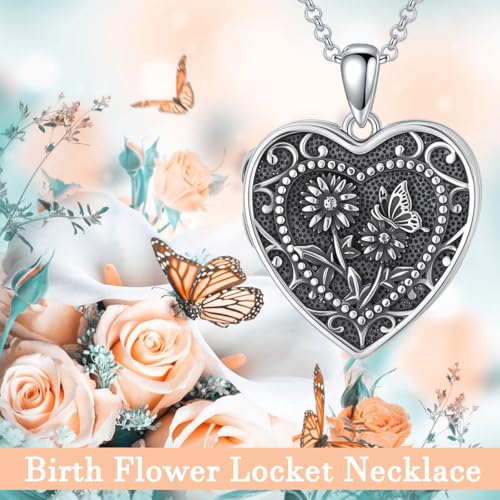 PELOVNY Birth Flower Locket Necklace for Women 925 Sterling Silver Flower Butterfly Heart Photo Locket Pendant Birthday Christmas Jewelry Gifts for Mom Daughter Wife Sister - color: 04-Daisy