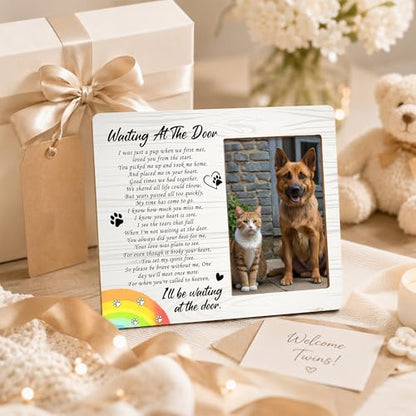 Pet Dog Cat Memorial Photo Frame - Waiting At The Door Dogs Wooden Tabletop Picture Frame - Sympathy Memorial Gifts For Loss Of Dog Cat Owner - In Loving Memory Rainbow Frames Favors -01 - style: Rainbow