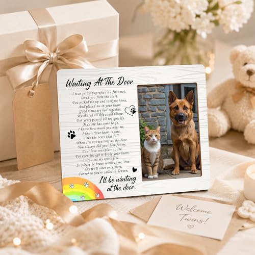 Pet Dog Cat Memorial Photo Frame - Waiting At The Door Dogs Wooden Tabletop Picture Frame - Sympathy Memorial Gifts For Loss Of Dog Cat Owner - In Loving Memory Rainbow Frames Favors -01 - style: Rainbow