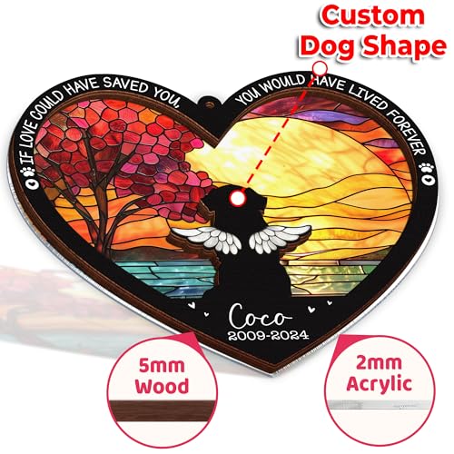 Personalized Angel Dog Memorial Suncatcher, Heart Suncatcher Remembrance Gift, Engraved Pet Memorial Ornament, Pet Sympathy Keychain, Loss of Animal Sympathy Card, Rainbow Bridge Dog Loss Gift - color: 02. Custom #2